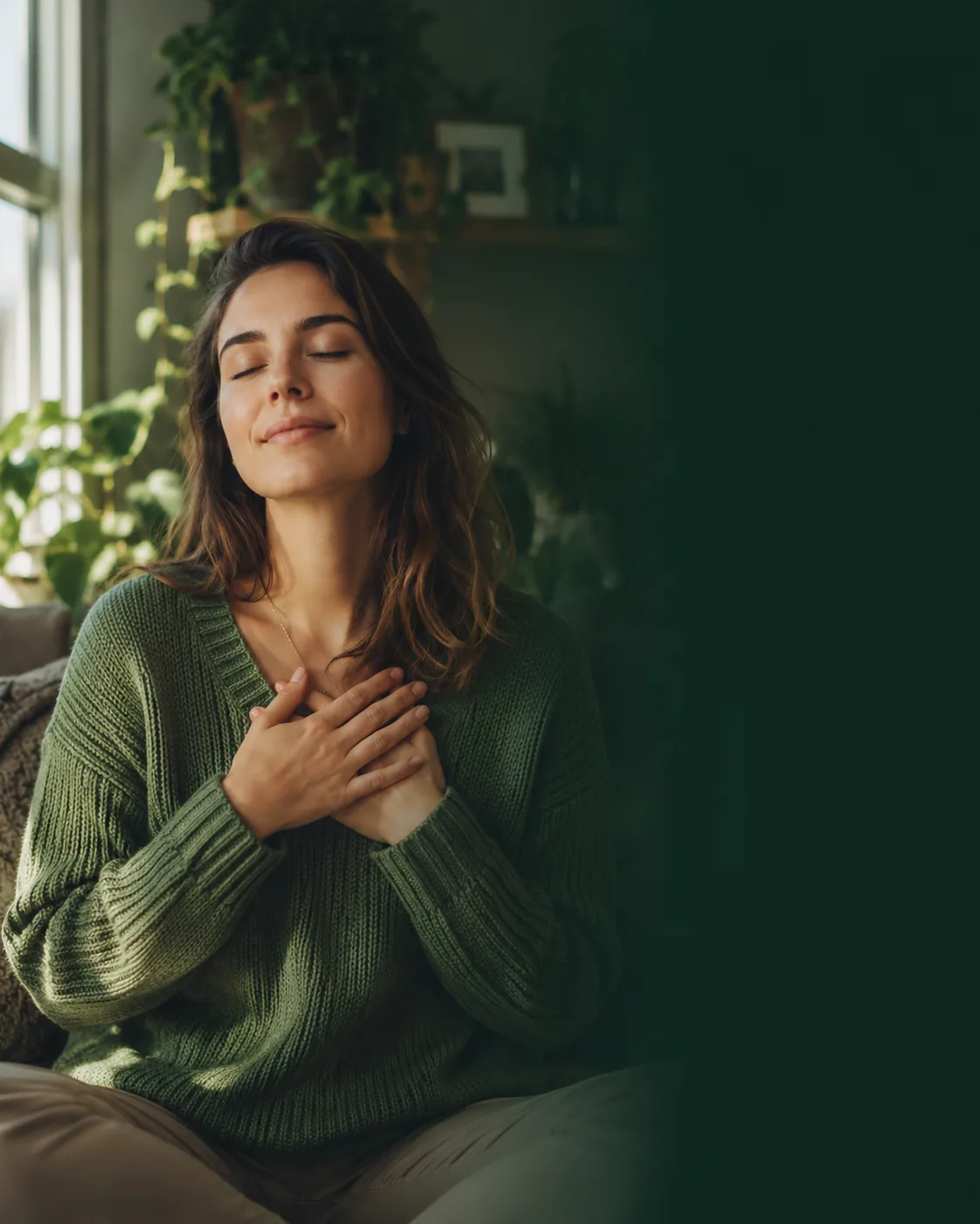 A woman in a green sweater sitting calmly with her hands resting over her heart
