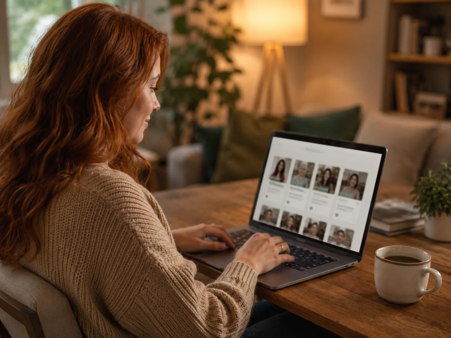 A woman browsing therapist profiles on a laptop in a cozy room