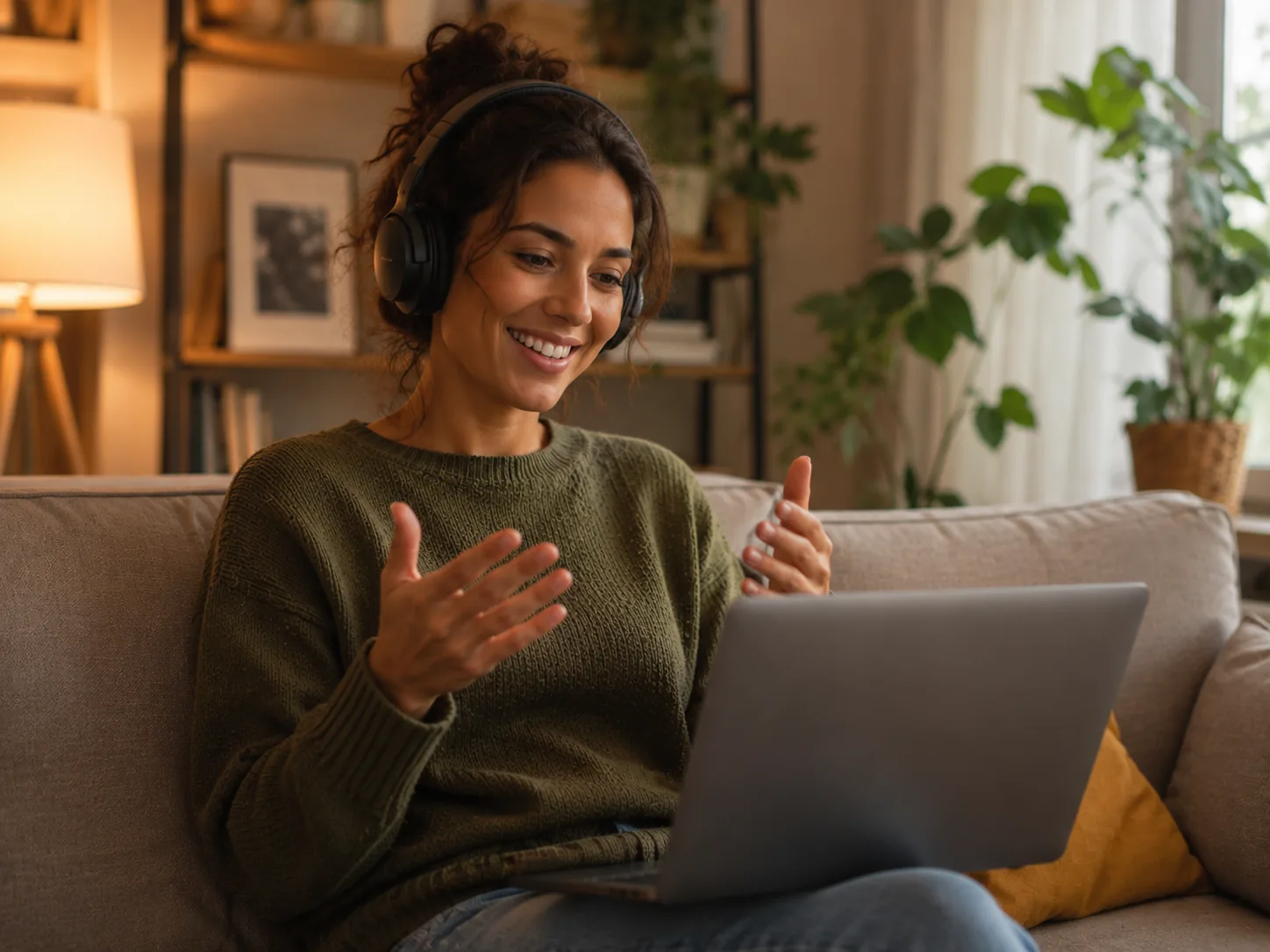 A woman with headphones smiling during a video therapy session