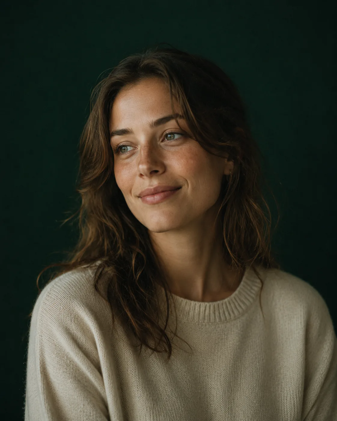 Emma, a young woman with a calm, content expression