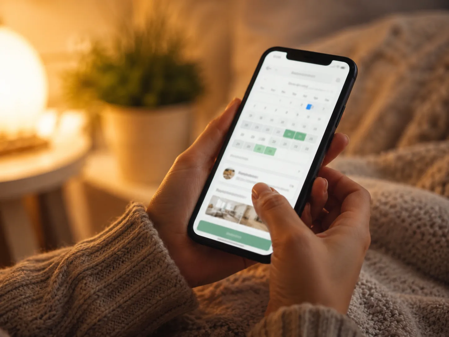 Hands holding a phone showing an appointment calendar