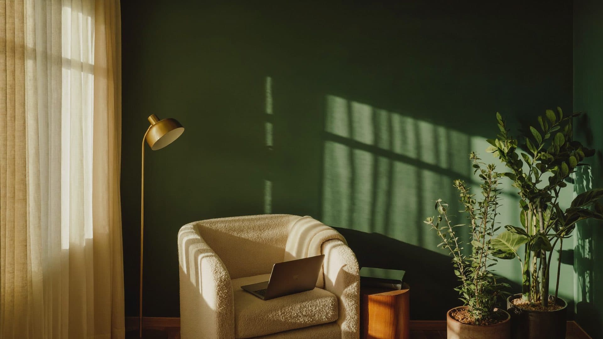 A peaceful living room armchair in golden morning light