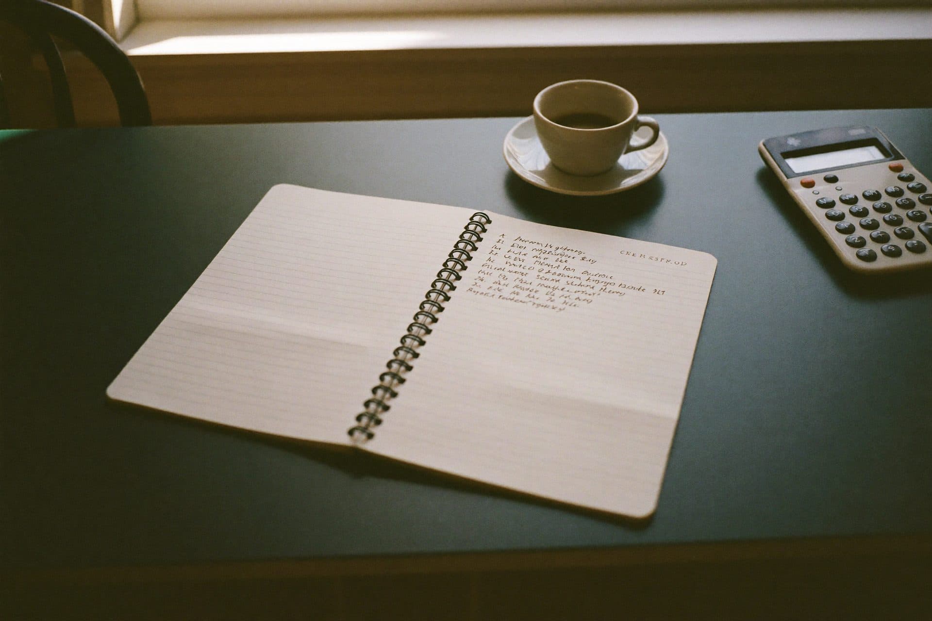 A kitchen table with a notebook, calculator and coffee in morning light