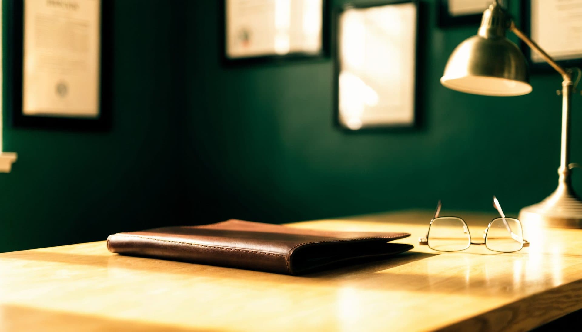 A calm study corner with a leather folder and reading glasses in warm light