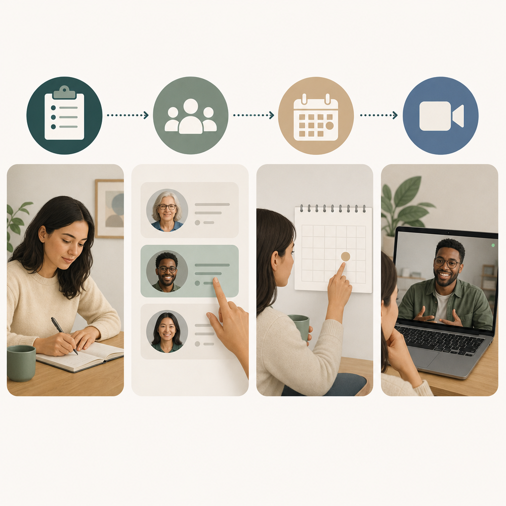 InnerHub process from practitioner matching to secure video session
