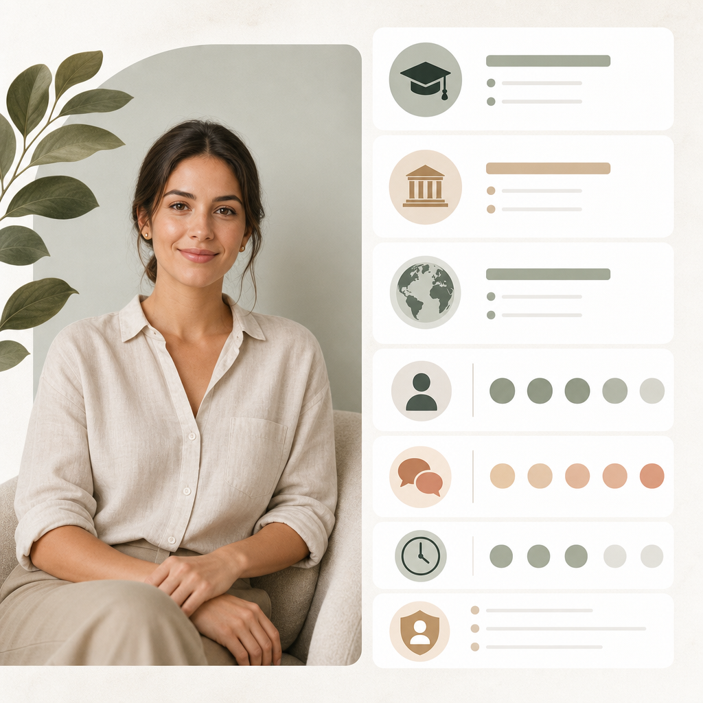 Practitioner profile showing credentials, experience and boundaries